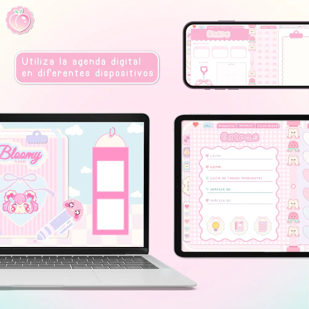 AGENDA DIGITAL KAWAII 2027: Bloomy & Kiwi. Incluye curso, tutoriales, stickers y extras