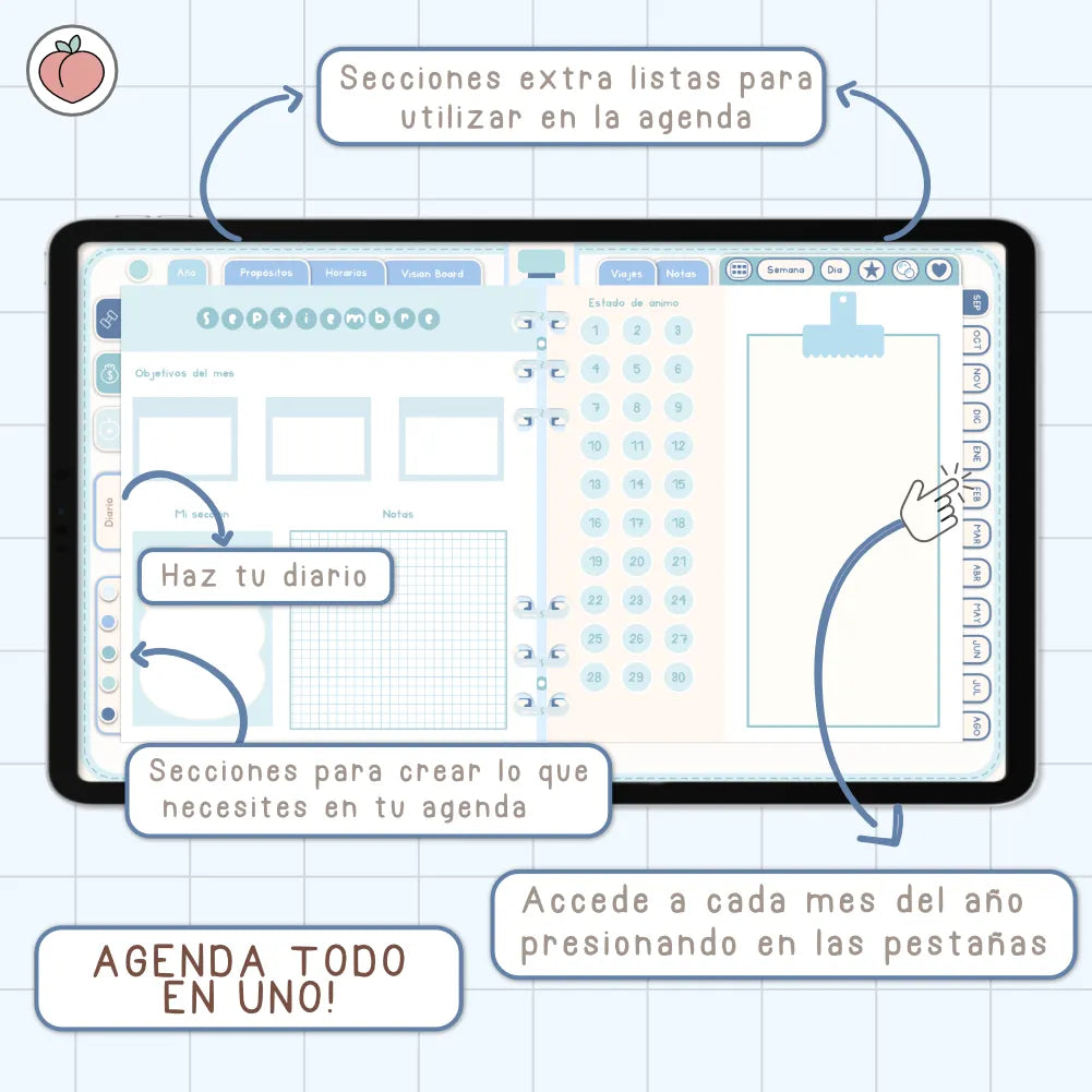 AGENDA DIGITAL MINIMALISTA PRO 2026/2027: Incluye curso, tutoriales, stickers y recursos. Edición azul