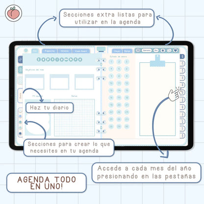 AGENDA DIGITAL MINIMALISTA PRO 2026/2027: Incluye curso, tutoriales, stickers y recursos. Edición azul