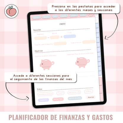 PLANIFICADOR DIGITAL DE FINANZAS Y GASTOS: Presupuestos, control y seguimiento mensual de gastos e ingresos con stickers incluidos. Edición pastel