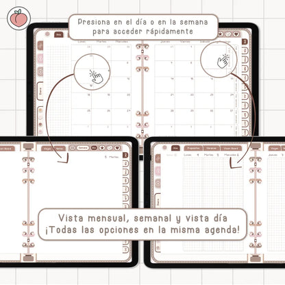AGENDA DIGITAL MINIMALISTA PRO 2027: Incluye curso, tutoriales, stickers y recursos. Edición marrones y nude