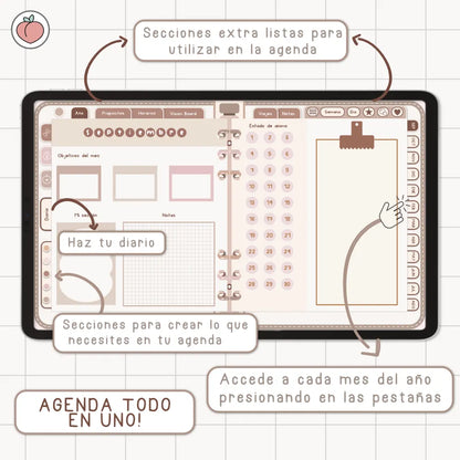 AGENDA DIGITAL MINIMALISTA PRO 2026/2027: Incluye curso, tutoriales, stickers y recursos. Edición marrones y nude