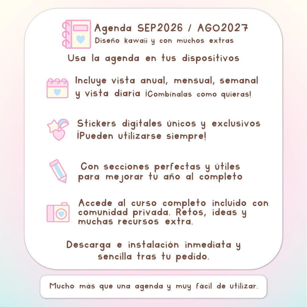 AGENDA DIGITAL KAWAII 2026/2027: Bloomy & Kiwi. Incluye curso, tutoriales, stickers y extras