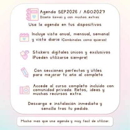 AGENDA DIGITAL KAWAII 2026/2027: Bloomy & Kiwi. Incluye curso, tutoriales, stickers y extras