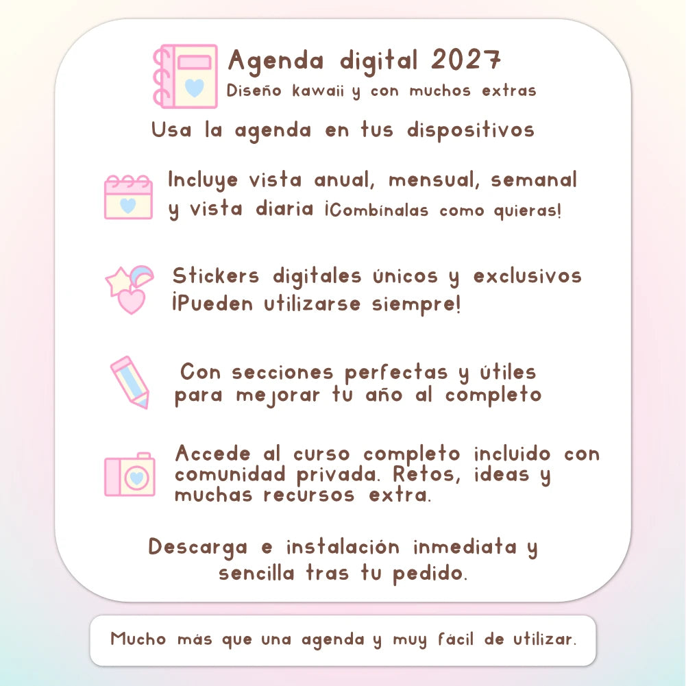 AGENDA DIGITAL KAWAII 2027: Bloomy & Kiwi. Incluye curso, tutoriales, stickers y extras