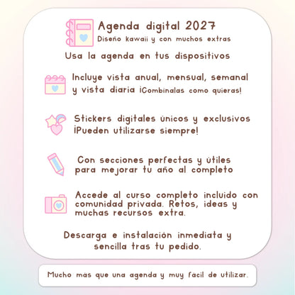 AGENDA DIGITAL KAWAII 2027: Bloomy & Kiwi. Incluye curso, tutoriales, stickers y extras