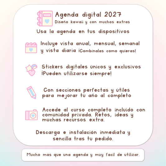 AGENDA DIGITAL KAWAII 2027: Bloomy & Kiwi. Incluye curso, tutoriales, stickers y extras