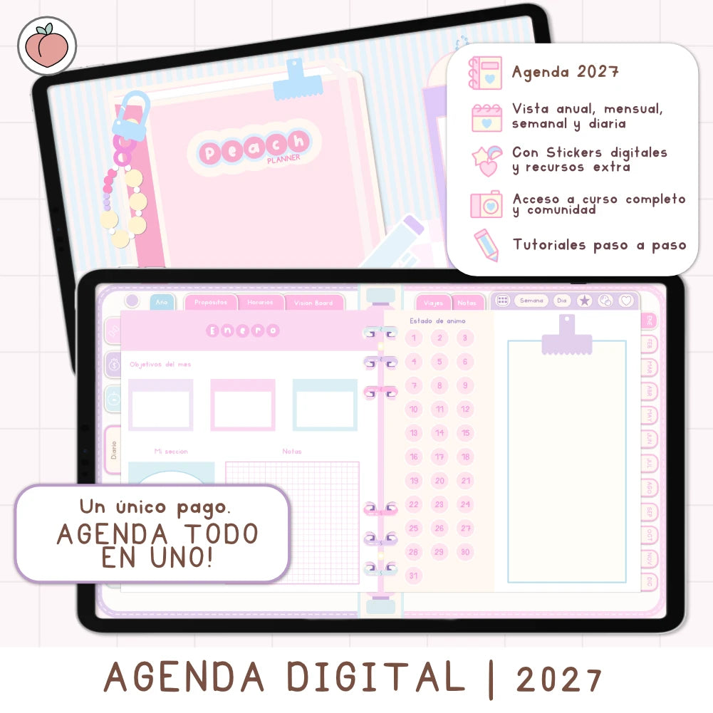 AGENDA DIGITAL MINIMALISTA PRO 2027: Incluye curso, tutoriales, stickers y recursos. Edición pastel
