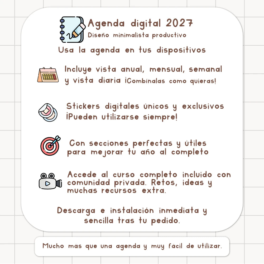 AGENDA DIGITAL MINIMALISTA PRO 2027: Incluye curso, tutoriales, stickers y recursos. Edición marrones y nude
