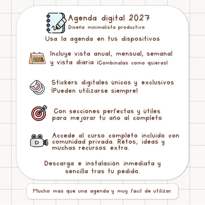 AGENDA DIGITAL MINIMALISTA PRO 2027: Incluye curso, tutoriales, stickers y recursos. Edición marrones y nude