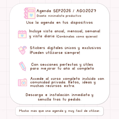 AGENDA DIGITAL MINIMALISTA PRO 2026/2027: Incluye curso, tutoriales, stickers y recursos. Edición pastel