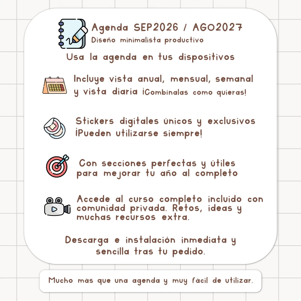 AGENDA DIGITAL MINIMALISTA PRO 2026/2027: Incluye curso, tutoriales, stickers y recursos. Edición marrones y nude