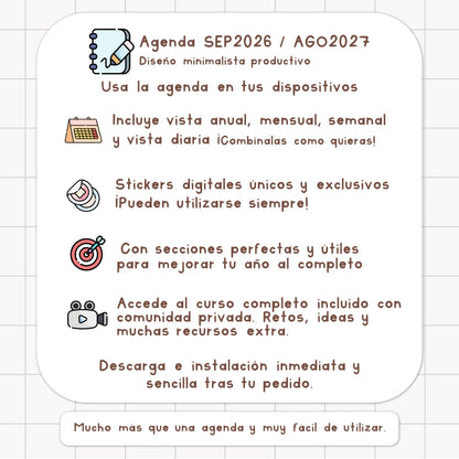 AGENDA DIGITAL MINIMALISTA PRO 2026/2027: Incluye curso, tutoriales, stickers y recursos. Edición marrones y nude