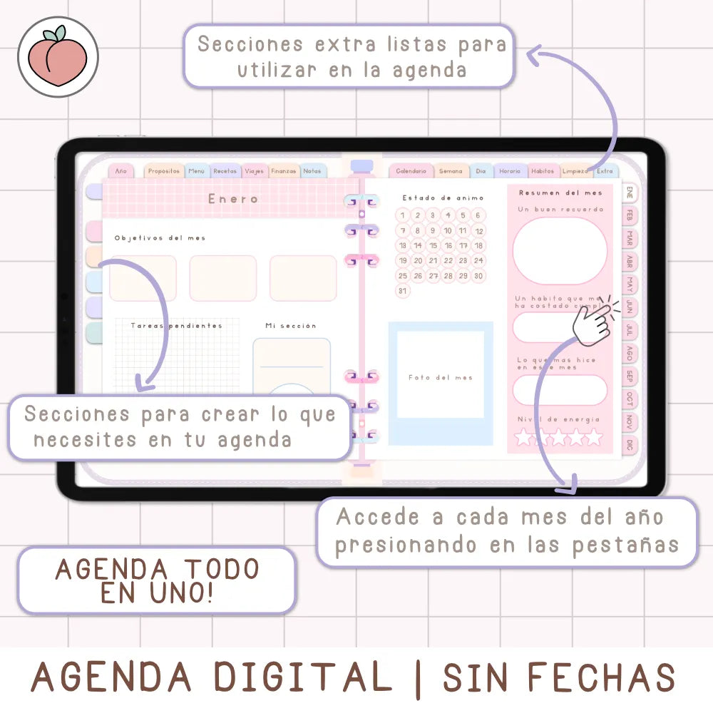 AGENDA DIGITAL MINIMALISTA PRO SIN FECHAS Y REUTILIZABLE con vista mensual, semanal y día. Incluye curso, tutoriales, stickers y recursos extra. Edición pastel