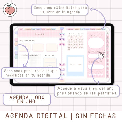 AGENDA DIGITAL MINIMALISTA PRO SIN FECHAS Y REUTILIZABLE con vista mensual, semanal y día. Incluye curso, tutoriales, stickers y recursos extra. Edición pastel