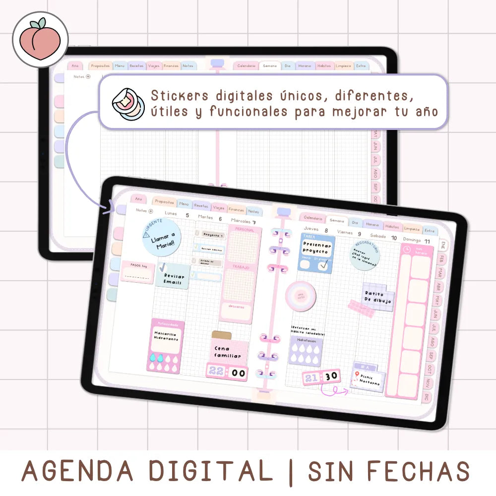 AGENDA DIGITAL MINIMALISTA PRO SIN FECHAS Y REUTILIZABLE con vista mensual, semanal y día. Incluye curso, tutoriales, stickers y recursos extra. Edición pastel
