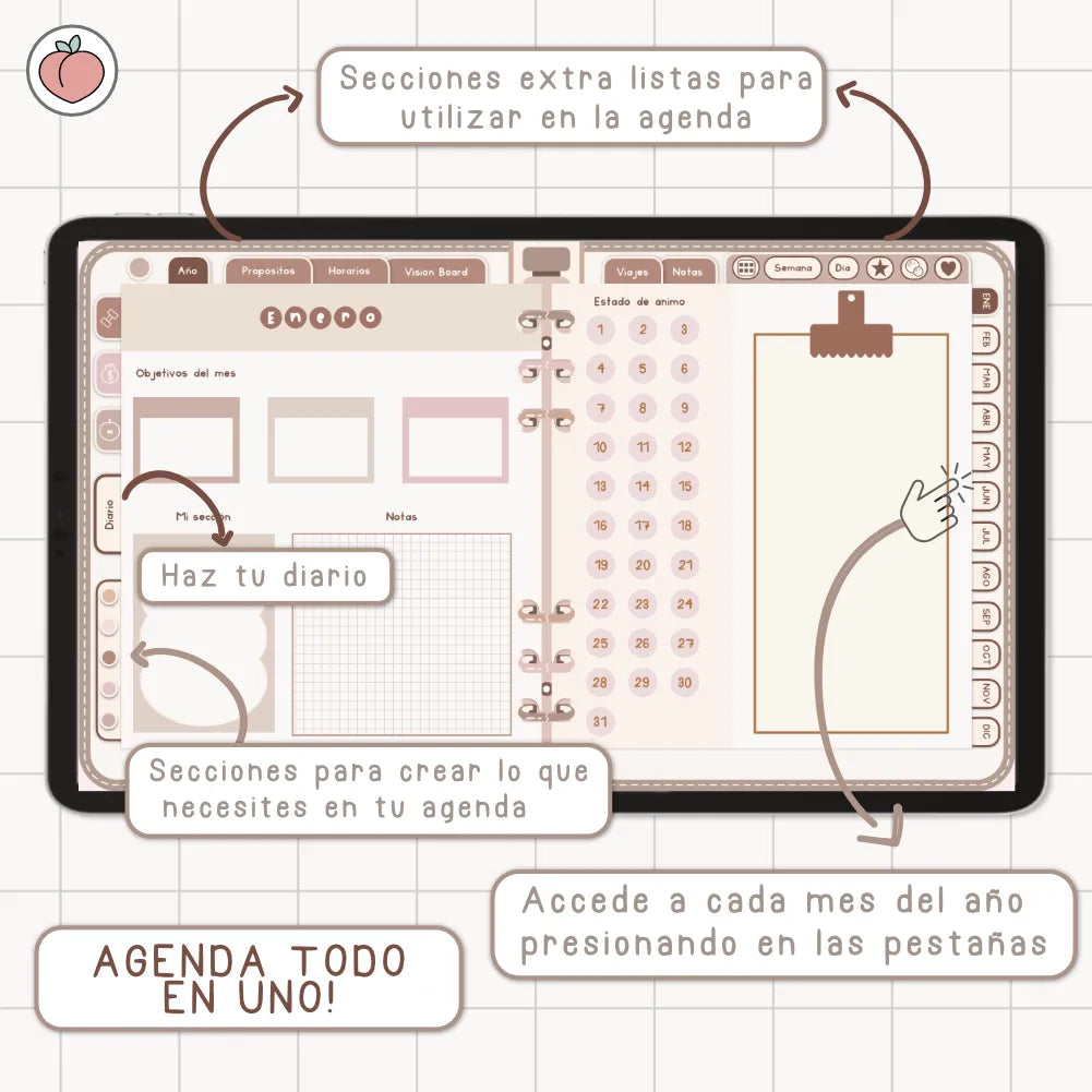 AGENDA DIGITAL MINIMALISTA PRO 2027: Incluye curso, tutoriales, stickers y recursos. Edición marrones y nude