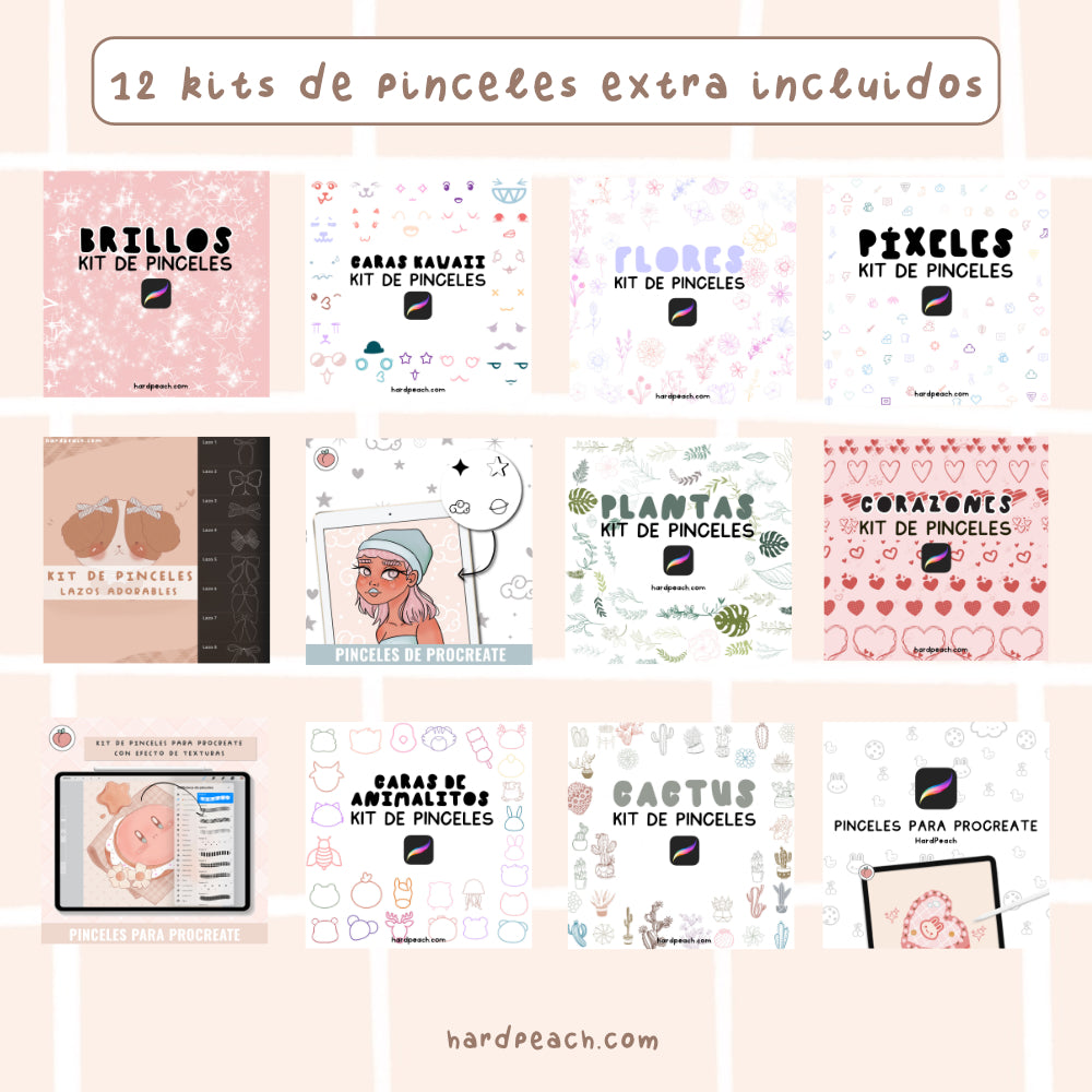 COMPLETE KIT OF COURSES AND BRUSHES FOR PROCREATE: KAWAII DIGITAL ILLUSTRATION, FANTASY LANDSCAPES, KAWAII CHARACTER CREATION, DIGITAL WATERCOLOR AND DIGITAL LETTERING + BRUSHES | Spanish audio