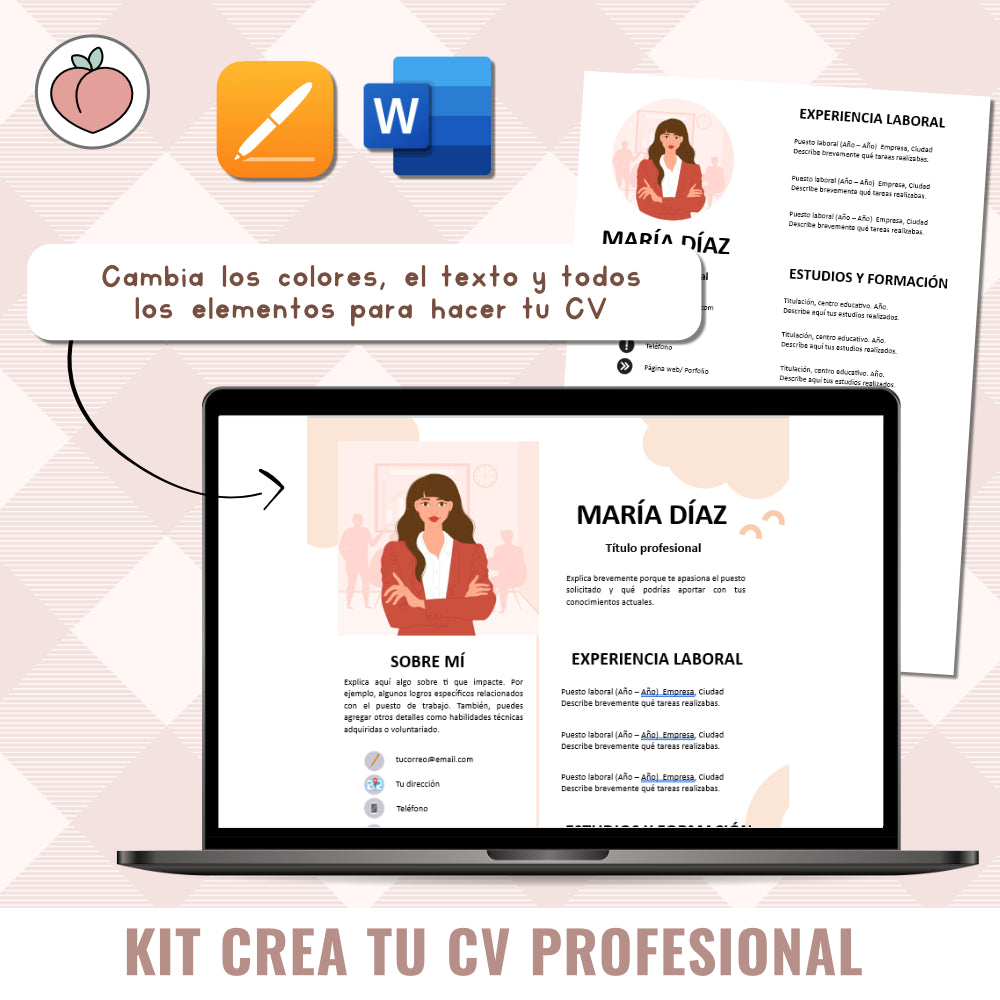 KIT CREATE YOUR PROFESSIONAL CV | EDITABLE TEMPLATES + ICONS: APP PAGES AND WORD | Spanish version