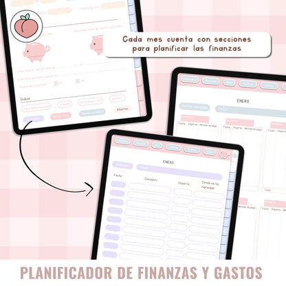 PLANIFICADOR DIGITAL DE FINANZAS Y GASTOS: Presupuestos, control y seguimiento mensual de gastos e ingresos con stickers incluidos. Edición pastel