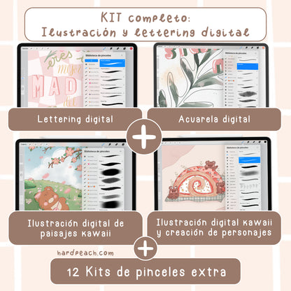 COMPLETE KIT OF COURSES AND BRUSHES FOR PROCREATE: KAWAII DIGITAL ILLUSTRATION, FANTASY LANDSCAPES, KAWAII CHARACTER CREATION, DIGITAL WATERCOLOR AND DIGITAL LETTERING + BRUSHES | Spanish audio