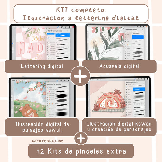 COMPLETE KIT OF COURSES AND BRUSHES FOR PROCREATE: KAWAII DIGITAL ILLUSTRATION, FANTASY LANDSCAPES, KAWAII CHARACTER CREATION, DIGITAL WATERCOLOR AND DIGITAL LETTERING + BRUSHES | Spanish audio