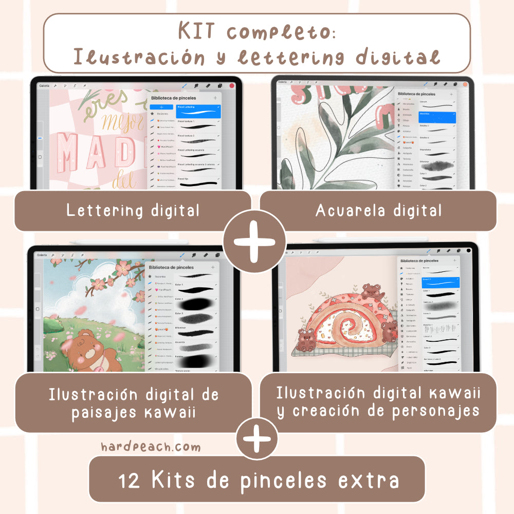 KIT COMPLETO DE CURSOS Y PINCELES PARA PROCREATE: ILUSTRACIÓN DIGITAL KAWAII, PAISAJES DE FANTASÍA, CREACIÓN DE PERSONAJES KAWAII, ACUARELA DIGITAL Y LETTERING DIGITAL + PINCELES