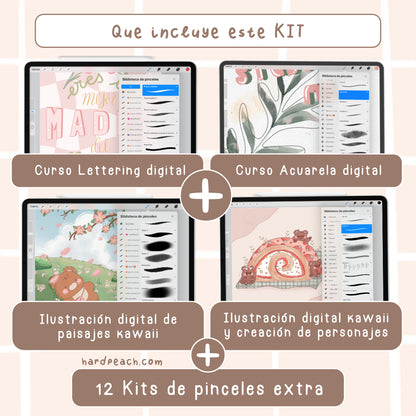 COMPLETE KIT OF COURSES AND BRUSHES FOR PROCREATE: KAWAII DIGITAL ILLUSTRATION, FANTASY LANDSCAPES, KAWAII CHARACTER CREATION, DIGITAL WATERCOLOR AND DIGITAL LETTERING + BRUSHES | Spanish audio