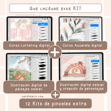 Cargar imagen en el visor de la galería, KIT COMPLETO DE CURSOS Y PINCELES PARA PROCREATE: ILUSTRACIÓN DIGITAL KAWAII, PAISAJES DE FANTASÍA, CREACIÓN DE PERSONAJES KAWAII, ACUARELA DIGITAL Y LETTERING DIGITAL + PINCELES
