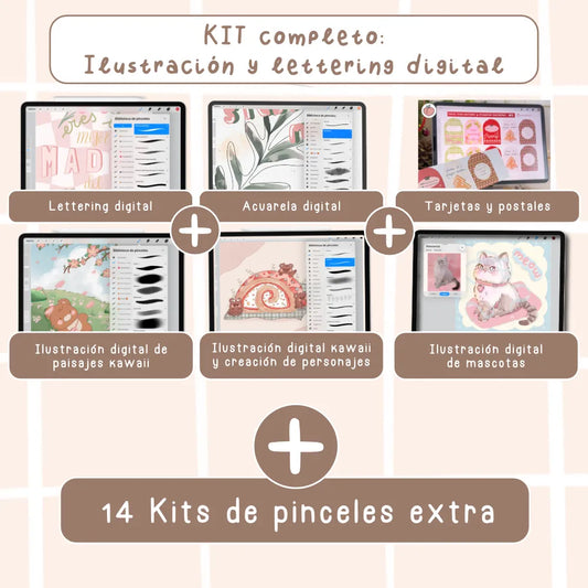 KIT COMPLETO DE CURSOS Y PINCELES PARA PROCREATE: Ilustración digital kawaii, ilustración de mascotas, paisajes de fantasía, creación de personajes kawaii, etiquetas y postales, acuarela digital y lettering digital con pinceles