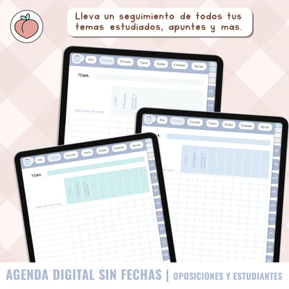 AGENDA DIGITAL OPOSICIONES / ESTUDIANTES / UNIVERSIDAD / MAESTRÍA | Agenda con vista semanal sin fechas y reutilizable con stickers incluidos. Edición azul