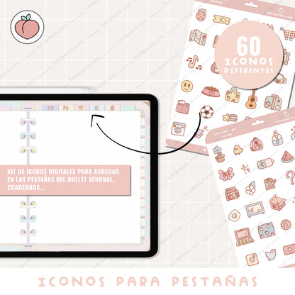 KIT DE ICONOS PARA PESTAÑAS: Colección de stickers digitales para agendas, bullet journal y cuadernos