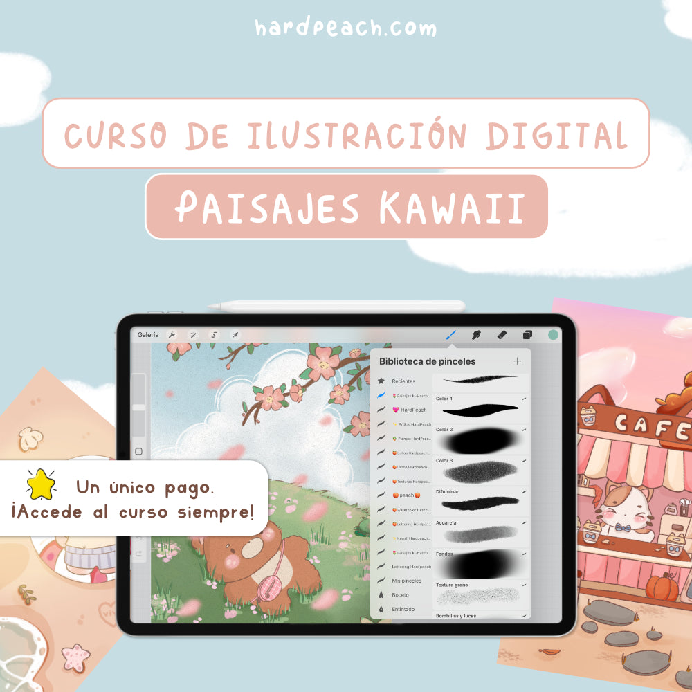 ILUSTRACIÓN DIGITAL DE MUNDOS KAWAII EN PROCREATE: Paisajes y personajes adorables | Curso completo con lecciones paso a paso, recursos y pinceles, principiantes y avanzados