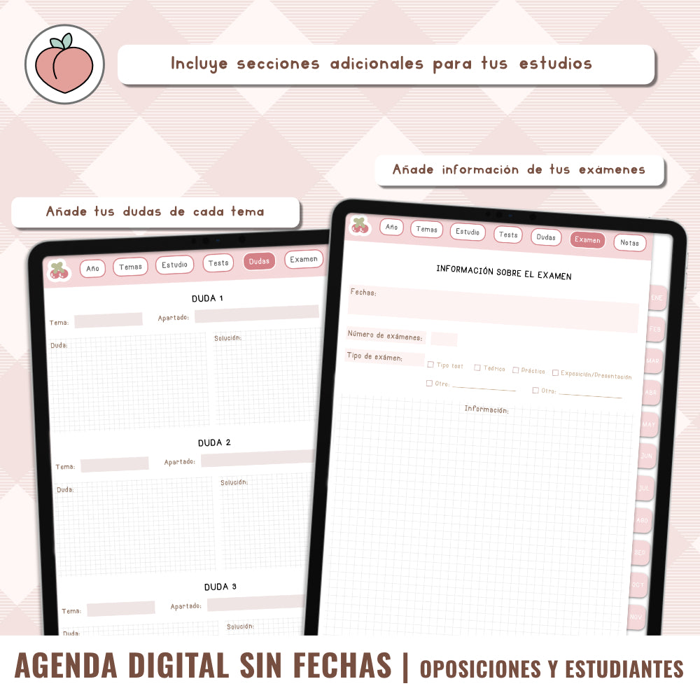AGENDA DIGITAL OPOSICIONES / ESTUDIANTES / UNIVERSIDAD / MAESTRÍA | Agenda con vista semanal sin fechas y reutilizable con stickers incluidos