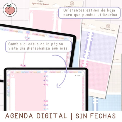AGENDA DIGITAL MINIMALISTA PRO SIN FECHAS Y REUTILIZABLE con vista mensual, semanal y día. Incluye curso, tutoriales, stickers y recursos extra. Edición pastel