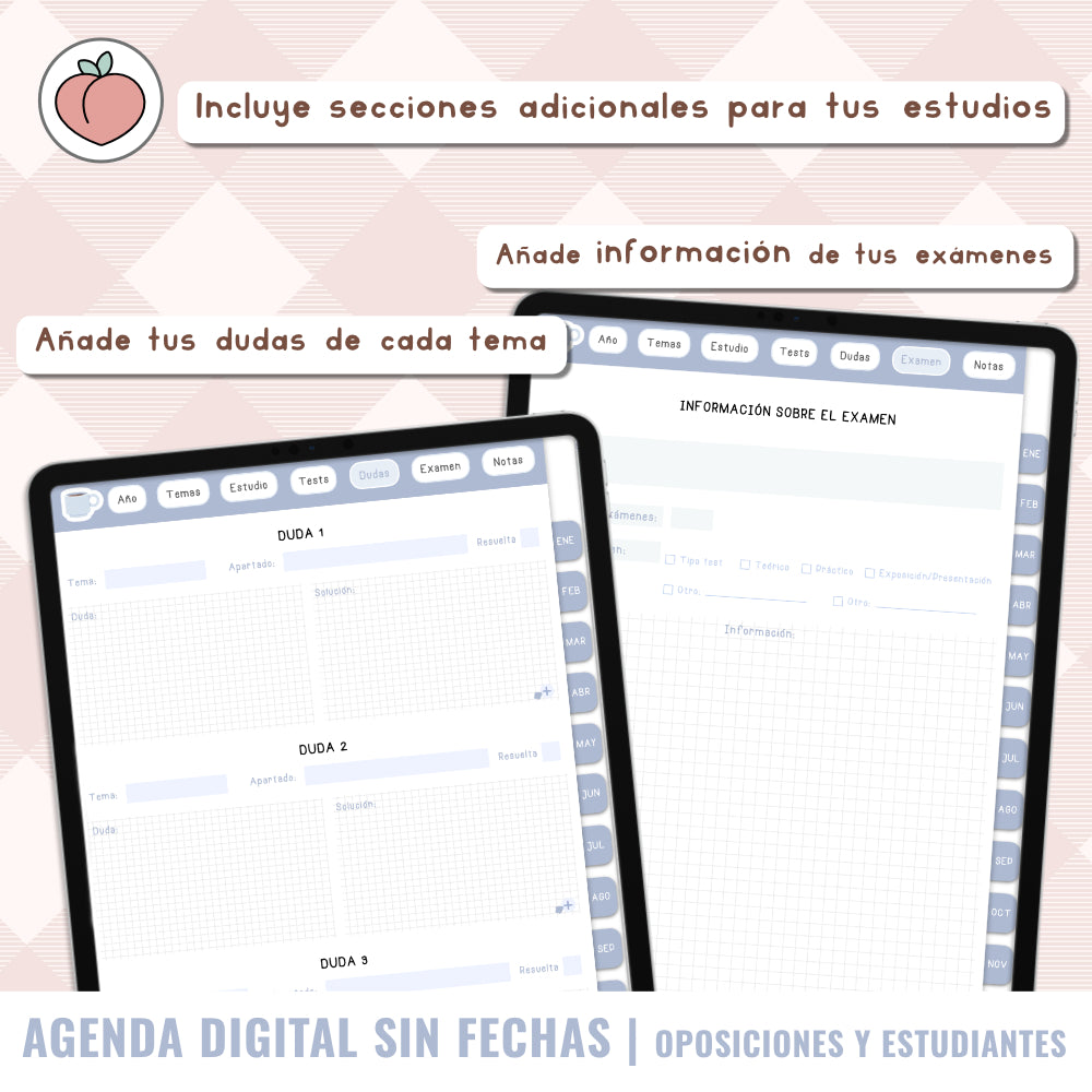 AGENDA DIGITAL OPOSICIONES / ESTUDIANTES / UNIVERSIDAD / MAESTRÍA | Agenda con vista semanal sin fechas y reutilizable con stickers incluidos. Edición azul