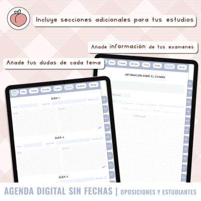 AGENDA DIGITAL OPOSICIONES / ESTUDIANTES / UNIVERSIDAD / MAESTRÍA | Agenda con vista semanal sin fechas y reutilizable con stickers incluidos. Edición azul