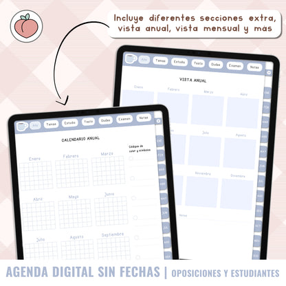 AGENDA DIGITAL OPOSICIONES / ESTUDIANTES / UNIVERSIDAD / MAESTRÍA | Agenda con vista semanal sin fechas y reutilizable con stickers incluidos. Edición azul