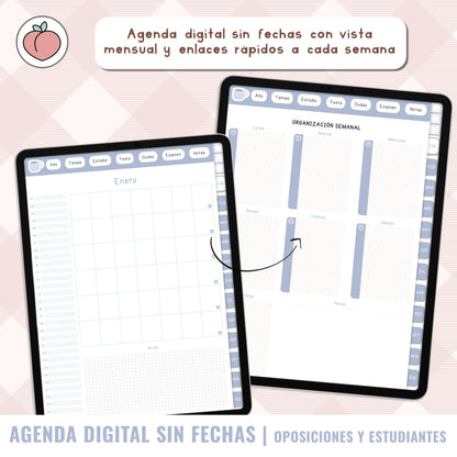 AGENDA DIGITAL OPOSICIONES / ESTUDIANTES / UNIVERSIDAD / MAESTRÍA | Agenda con vista semanal sin fechas y reutilizable con stickers incluidos. Edición azul