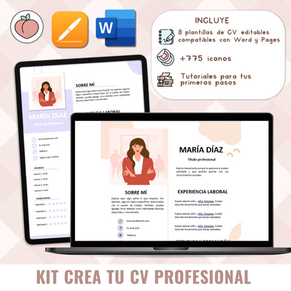 KIT CREATE YOUR PROFESSIONAL CV | EDITABLE TEMPLATES + ICONS: APP PAGES AND WORD | Spanish version