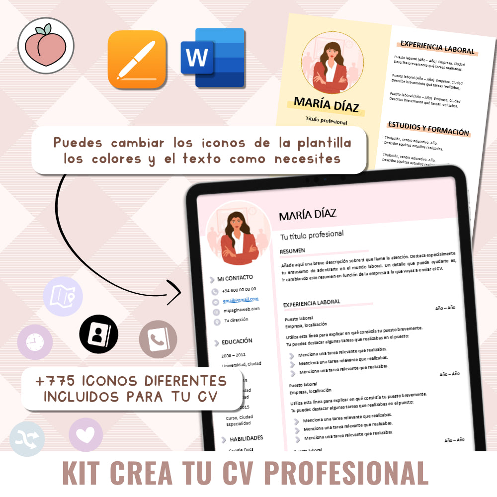KIT CREATE YOUR PROFESSIONAL CV | EDITABLE TEMPLATES + ICONS: APP PAGES AND WORD | Spanish version