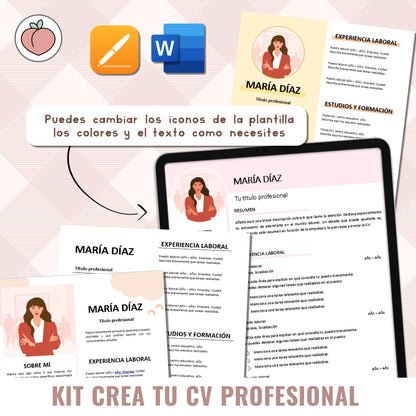 KIT CREATE YOUR PROFESSIONAL CV | EDITABLE TEMPLATES + ICONS: APP PAGES AND WORD | Spanish version