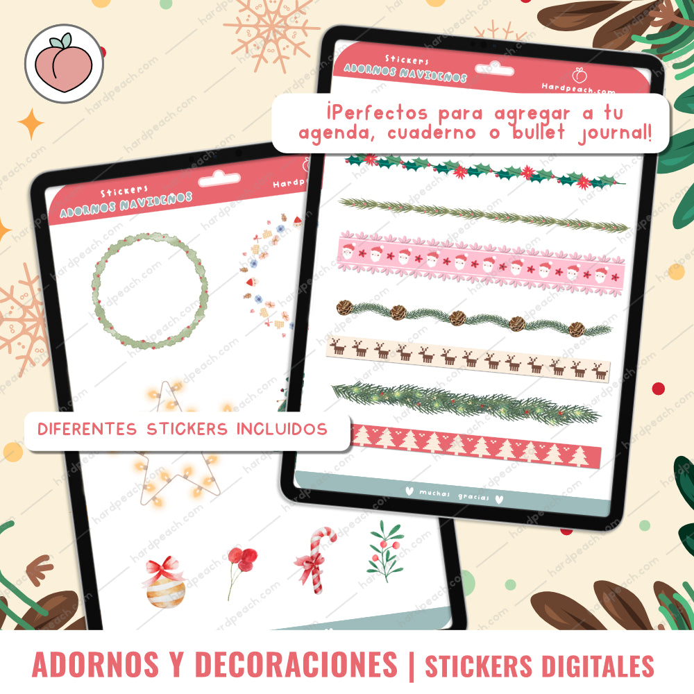 KIT DE STICKERS DIGITALES NAVIDEÑOS: Adornos, decoraciones y extras para agendas, journals y cuadernos