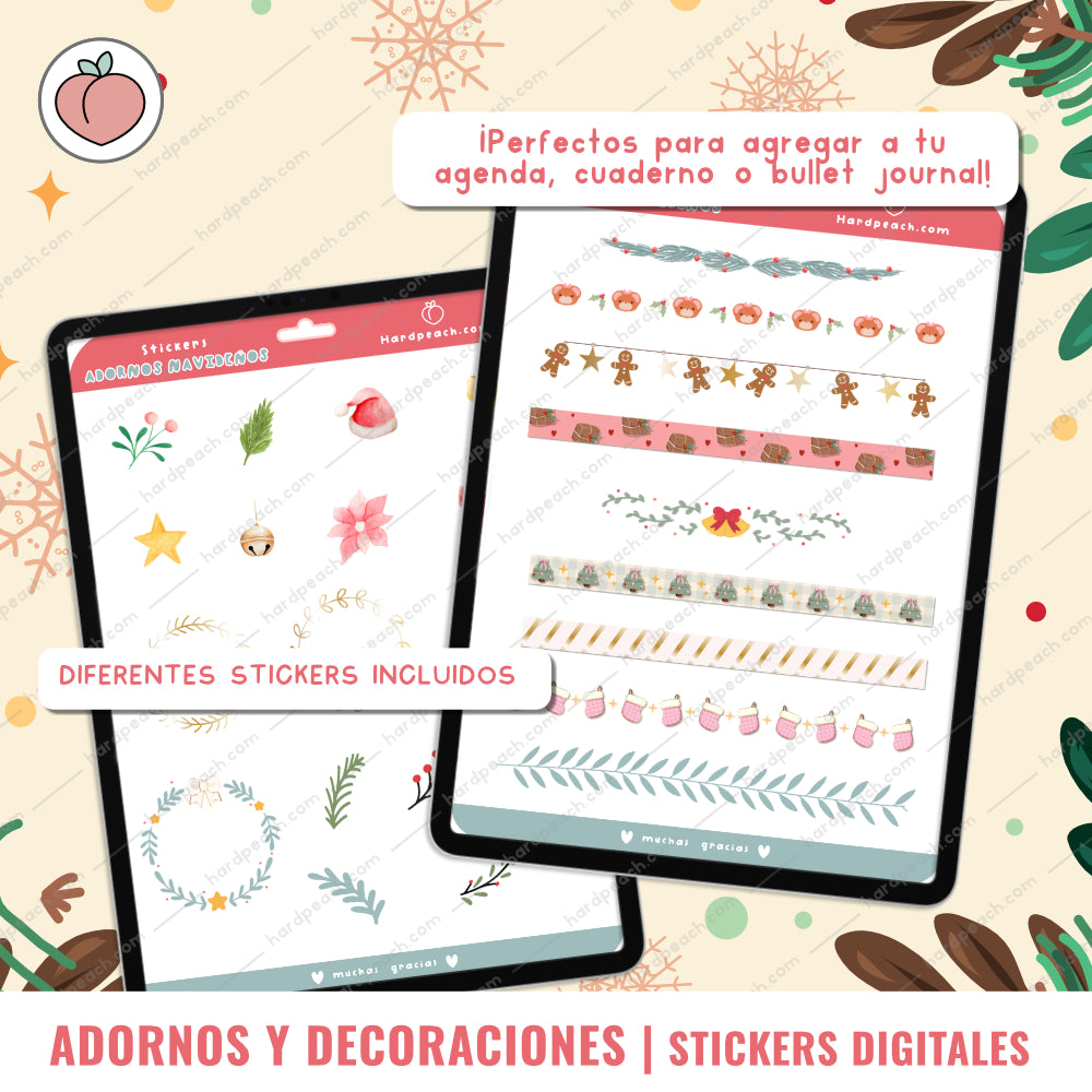 KIT DE STICKERS DIGITALES NAVIDEÑOS: Adornos, decoraciones y extras para agendas, journals y cuadernos