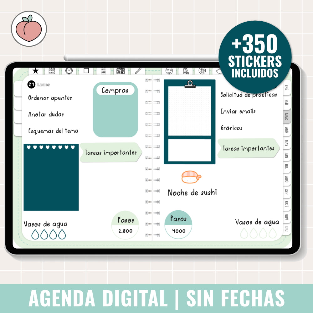 AGENDA DIGITAL SIN FECHAS Y REUTILIZABLE: MINIMALISTA EDICIÓN MENTA | AGENDA DÍA POR PÁGINA CON STICKERS INCLUIDOS