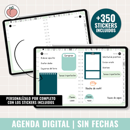 AGENDA DIGITAL SIN FECHAS Y REUTILIZABLE: MINIMALISTA EDICIÓN MENTA | AGENDA DÍA POR PÁGINA CON STICKERS INCLUIDOS