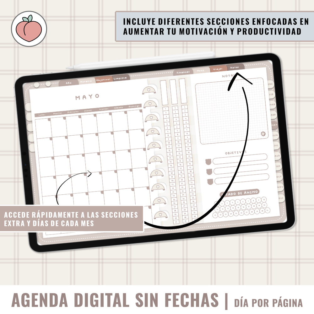 AGENDA DIGITAL SIN FECHAS Y REUTILIZABLE: agenda vista día con stickers y extras para organizar tus planes y proyectos