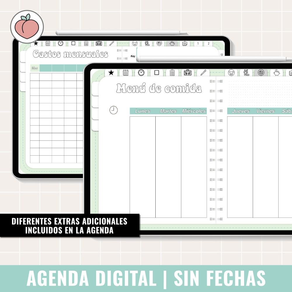 AGENDA DIGITAL SIN FECHAS Y REUTILIZABLE: MINIMALISTA EDICIÓN MENTA | AGENDA DÍA POR PÁGINA CON STICKERS INCLUIDOS
