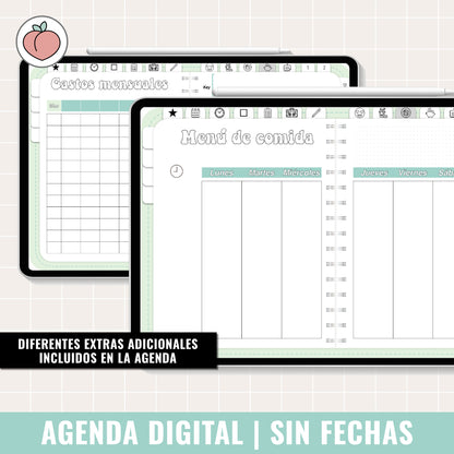 AGENDA DIGITAL SIN FECHAS Y REUTILIZABLE: MINIMALISTA EDICIÓN MENTA | AGENDA DÍA POR PÁGINA CON STICKERS INCLUIDOS