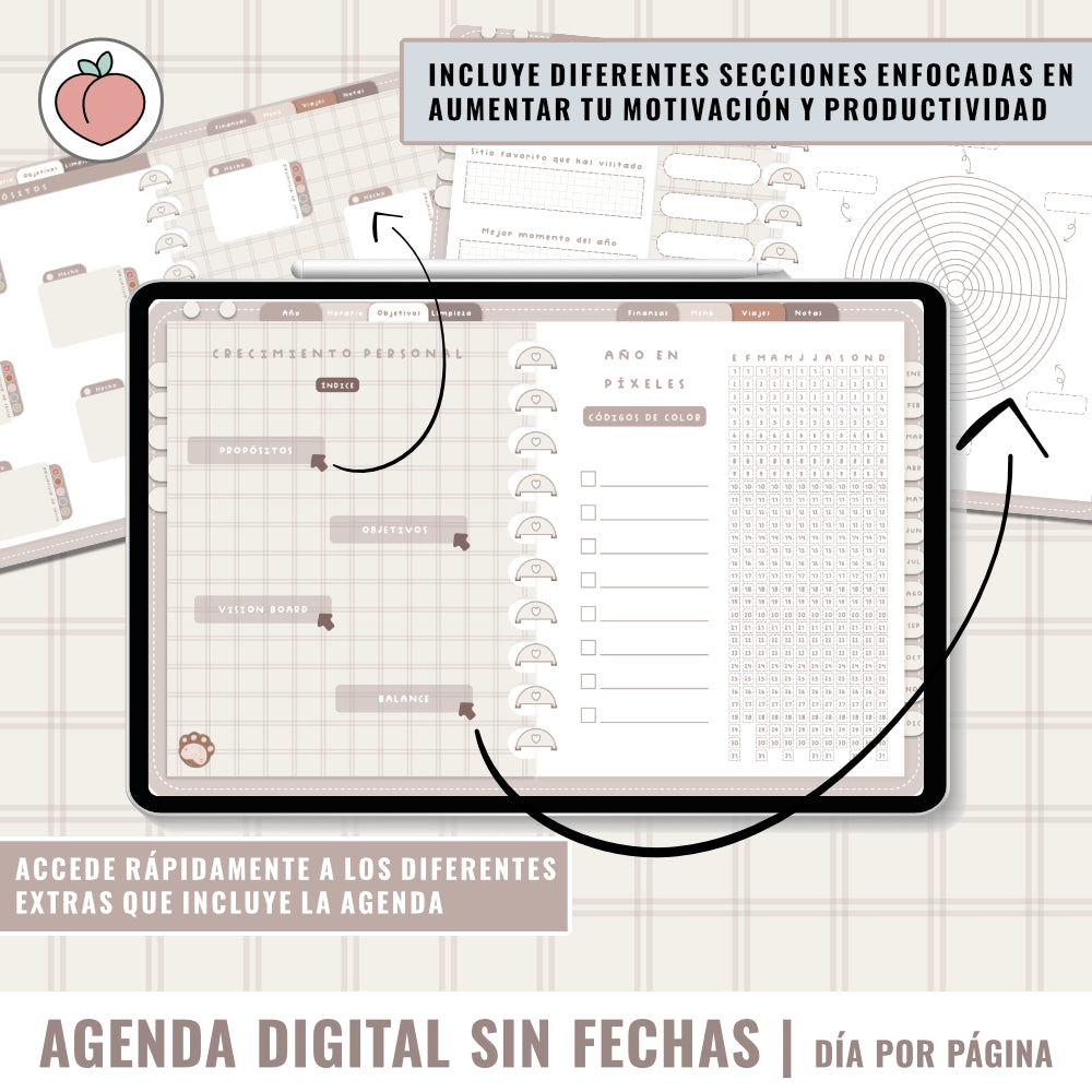 AGENDA DIGITAL SIN FECHAS Y REUTILIZABLE: agenda vista día con stickers y extras para organizar tus planes y proyectos
